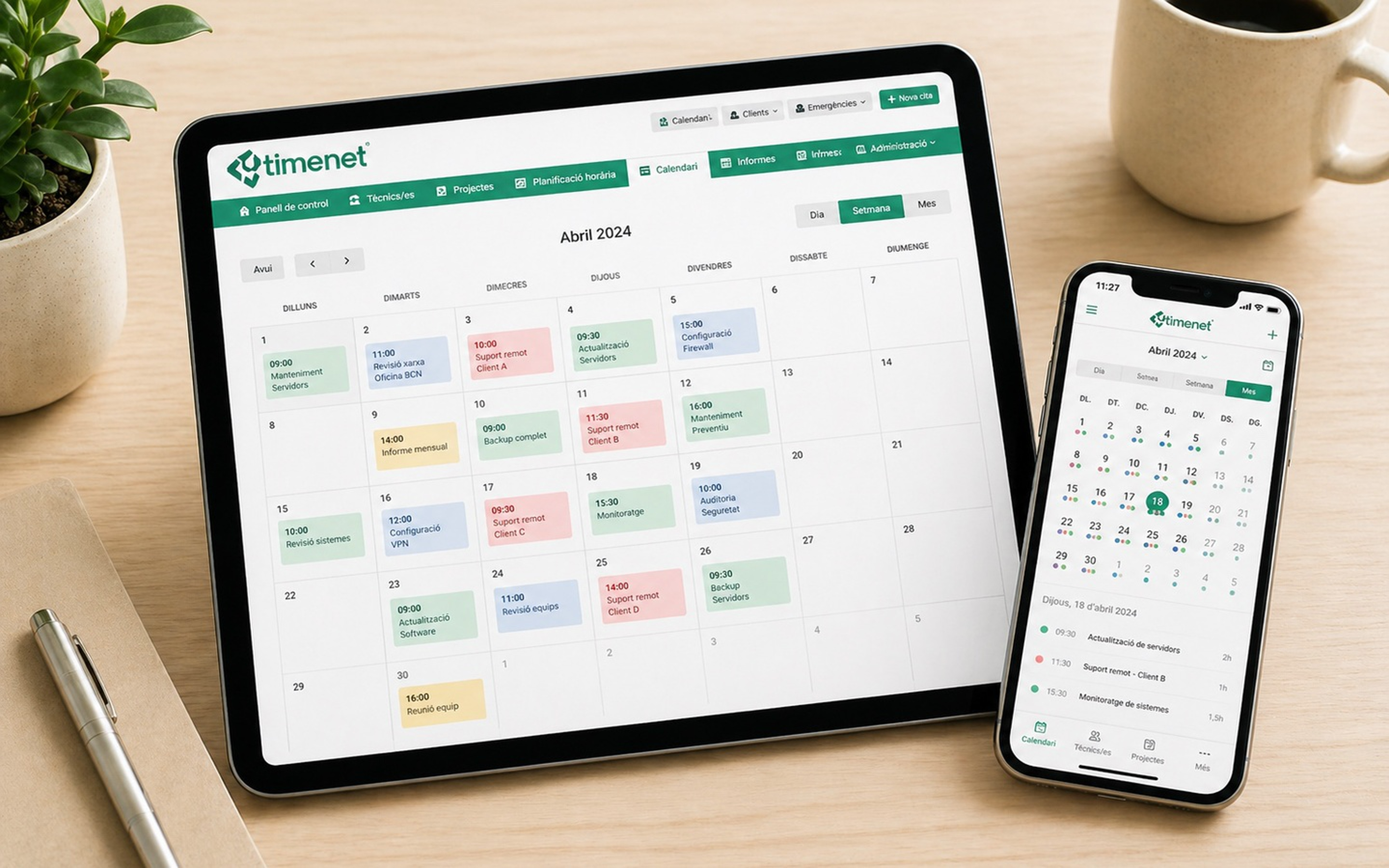 Tablet i mòbil mostrant el calendari de fitxatges de Timenet